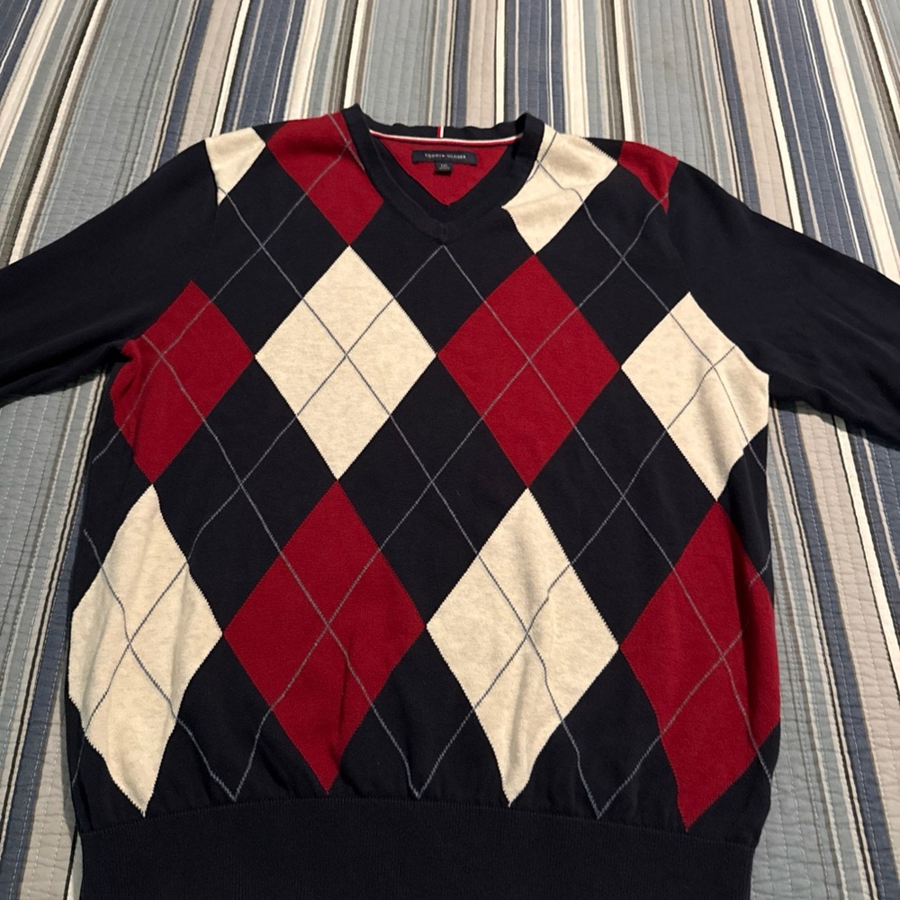 Tommy Hilfiger V-Neck Argyle Sweater - Red, Black, and Cream